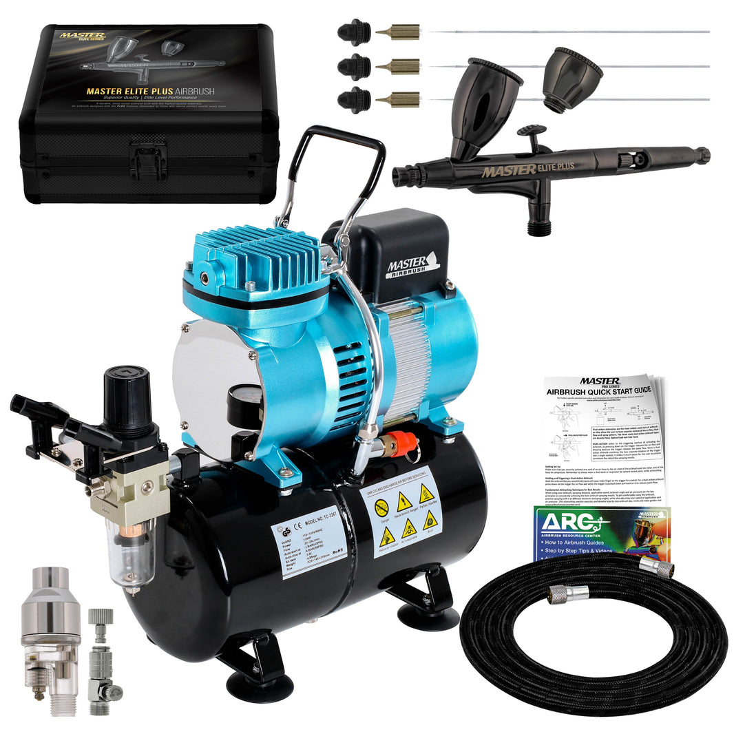Cool Runner II Dual Fan Air Storage Tank Compressor System Kit with Plus Ultimate Airbrush Set with 3 Tips 0.2, 0.3 and 0.5 mm, Case