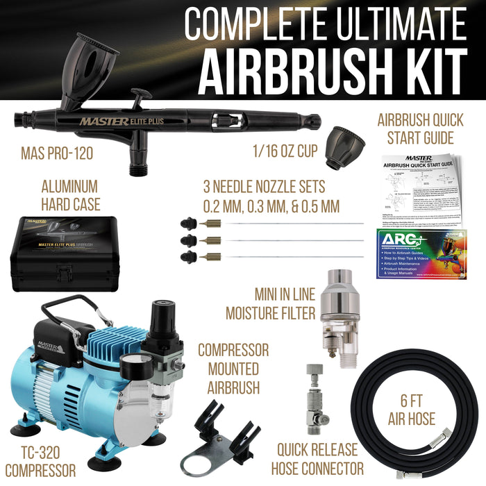 Cool Runner II Dual Fan Air Compressor System Kit with Master Elite Plus Ultimate Airbrush Set with 3 Tips 0.2, 0.3 and 0.5 mm, Case, Dual-Action