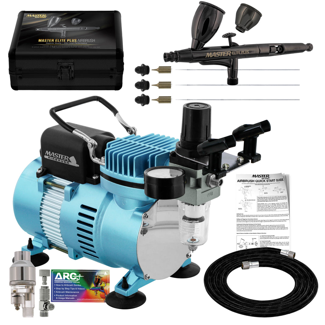 Cool Runner II Dual Fan Air Compressor System Kit with Plus Ultimate Airbrush Set with 3 Tips 0.2, 0.3 and 0.5 mm, Case, Dual-Action