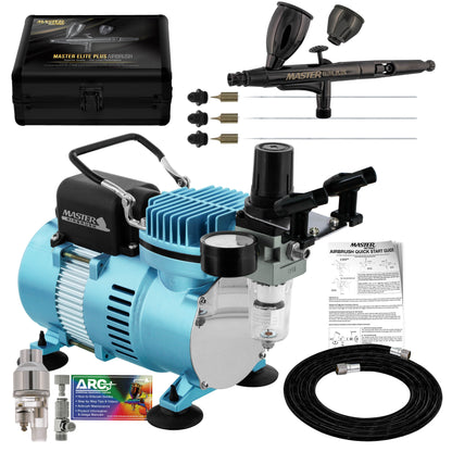 Cool Runner II Dual Fan Air Compressor System Kit with Plus Ultimate Airbrush Set with 3 Tips 0.2, 0.3 and 0.5 mm, Case, Dual-Action