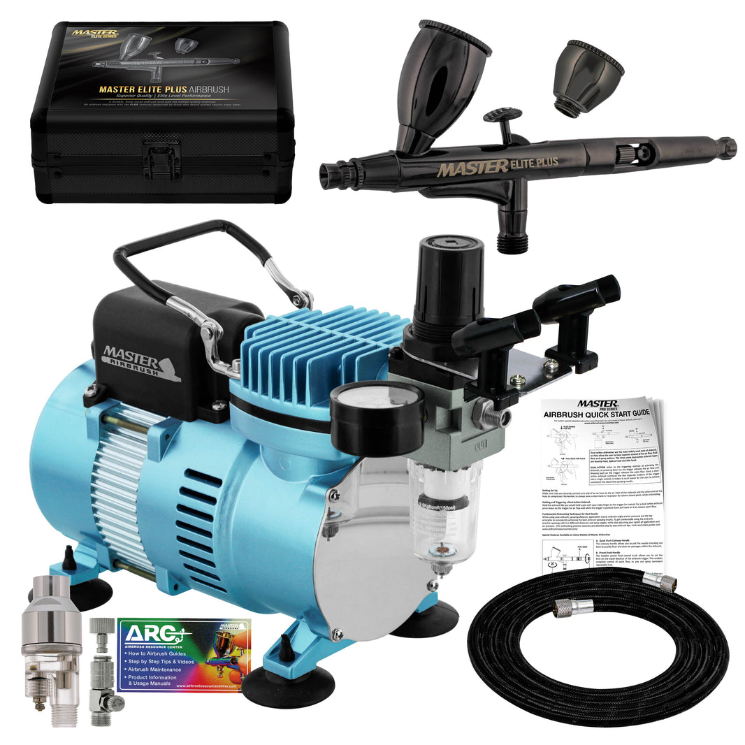 Cool Runner II Dual Fan Air Compressor System Kit with Plus Elite Level Performance Airbrush Set, Case, 0.3mm Tip, 2 Cups