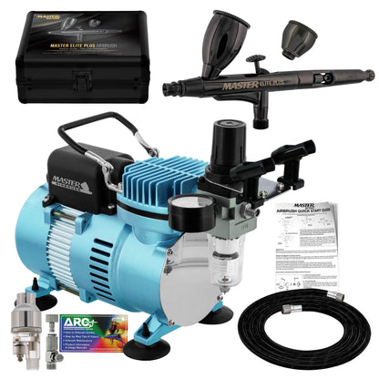 Cool Runner II Dual Fan Air Compressor System Kit with Plus Elite Level Performance Airbrush Set, Case, 0.3mm Tip, 2 Cups