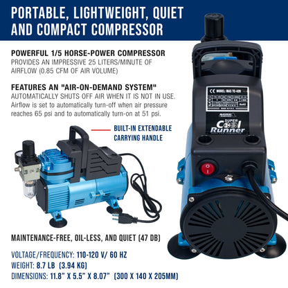 Super Cool Runner Dual Fan Air Compressor Professional Airbrushing System Kit with 3 Airbrushes, Gravity & Siphon Feed - 6 Primary Opaque Colors