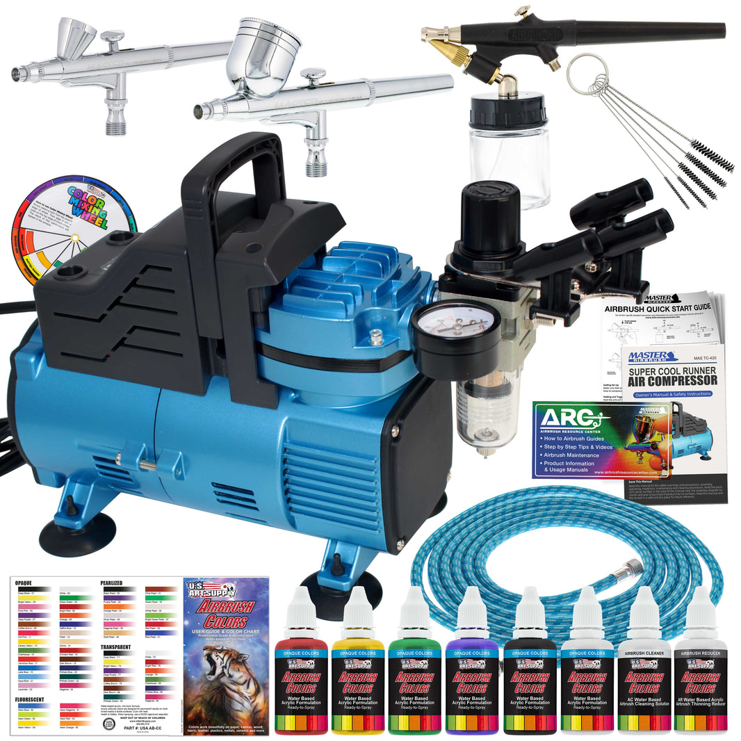 Super Cool Runner Dual Fan Air Compressor Professional Airbrushing System Kit with 3 Airbrushes, Gravity & Siphon Feed - 6 Primary Opaque Colors