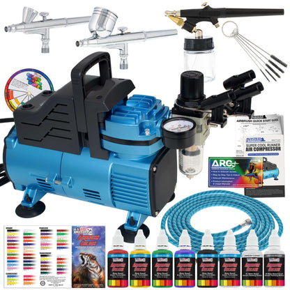 Super Cool Runner Dual Fan Air Compressor Professional Airbrushing System Kit with 3 Airbrushes, Gravity & Siphon Feed - 6 Primary Opaque Colors