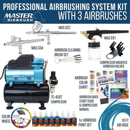 Super Cool Runner Dual Fan Air Compressor with Storage Tank - Airbrushing System Kit with 3 Airbrushes, 6 Color Acrylic Paint Art Set