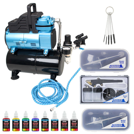 Super Cool Runner Dual Fan Air Compressor with Storage Tank - Professional Airbrushing System Kit with 3 Airbrushes Gravity & Siphon Feed, 6 Primary Opaque Colors Acrylic Paint Art Set