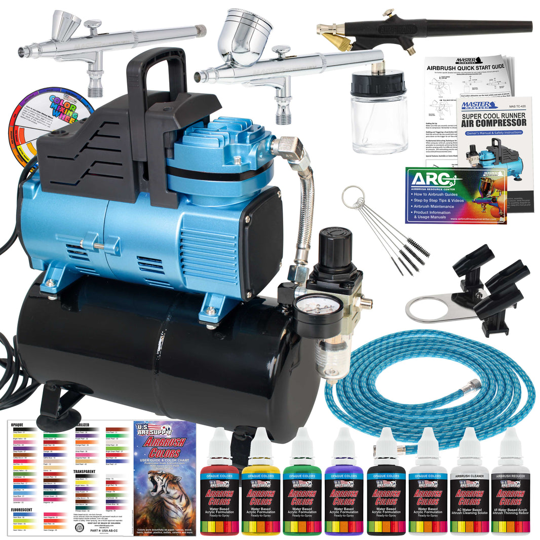 Super Cool Runner Dual Fan Air Compressor with Storage Tank - Airbrushing System Kit with 3 Airbrushes, 6 Color Acrylic Paint Art Set