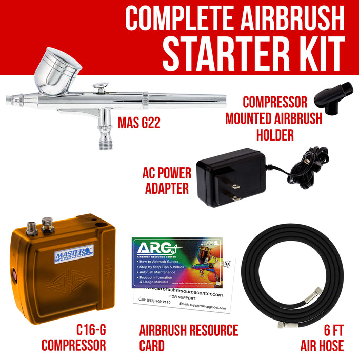 Multi-Purpose Gold Airbrushing System Kit with Portable Mini Air Compressor - Gravity Feed Dual-Action Airbrush, Hose, How-To-Airbrush Link Card