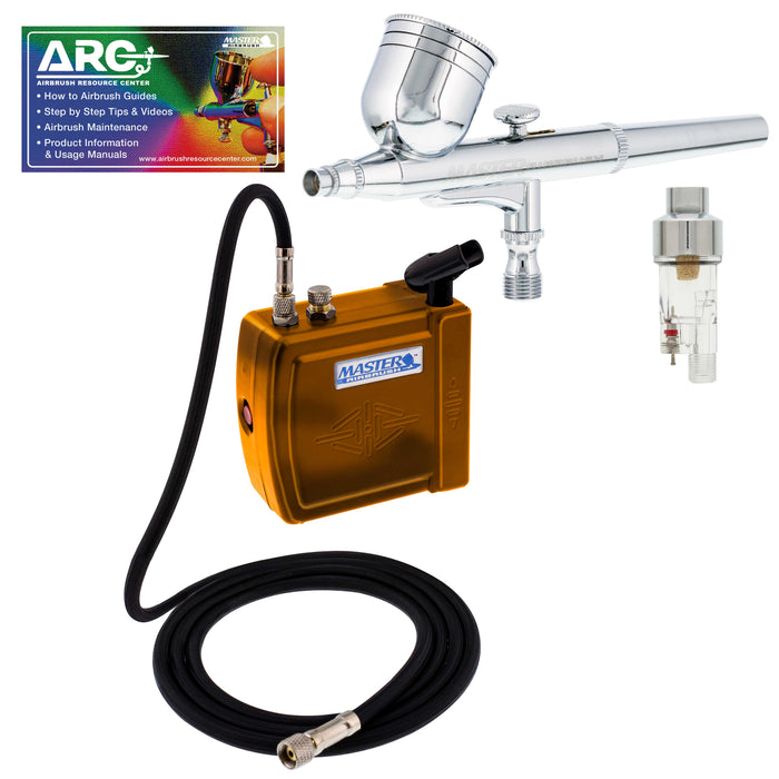 Multi-Purpose Gold Airbrushing System Kit with Portable Mini Air Compressor - Gravity Feed Dual-Action Airbrush, Hose, How-To-Airbrush Link Card