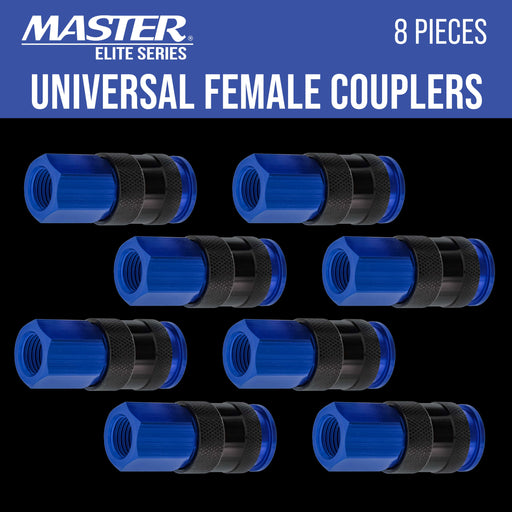 Master Elite Series 8 Piece Universal Air Hose Quick Push Connect Coupler Set with 1/4" NPT Female Threads - Accepts 3 Common Plugs Types, I/M Industrial, T Auto, A ARO