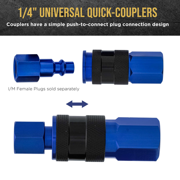 Master Elite Series 8 Piece Universal Air Hose Quick Push Connect Coupler Set with 1/4" NPT Female Threads - Accepts 3 Common Plugs Types, I/M Industrial, T Auto, A ARO