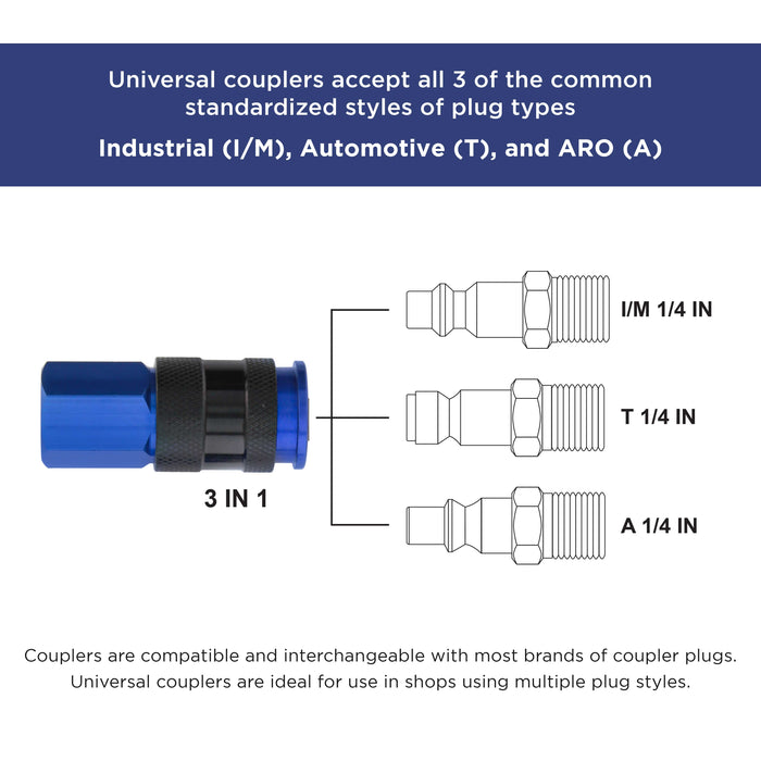 Master Elite Series 8 Piece Universal Air Hose Quick Push Connect Coupler Set with 1/4" NPT Female Threads - Accepts 3 Common Plugs Types, I/M ... Master Elite Series 8 Piece Universal Air Hose Quick Push Connect Coupler Set with 1/4" NPT Female Threads - Accepts 3 Common Plugs Types, I/M ...
