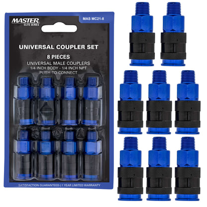 Series 8 Piece Universal Air Hose Quick Push Connect Coupler Set with 1/4" NPT Male Threads - Accepts 3 Common Plugs Types, I/M Industrial, T Auto, A ARO