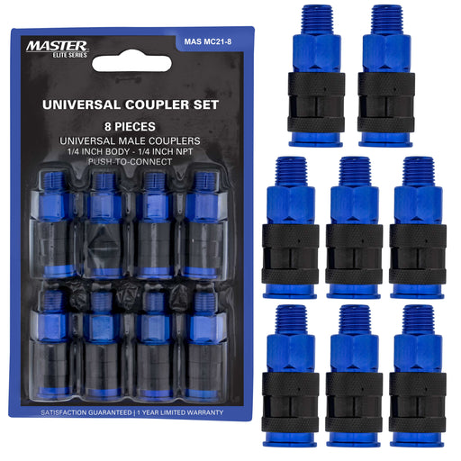 Master Elite Series 8 Piece Universal Air Hose Quick Push Connect Coupler Set with 1/4" NPT Male Threads - Accepts 3 Common Plugs Types, I/M Industrial, T Auto, A ARO