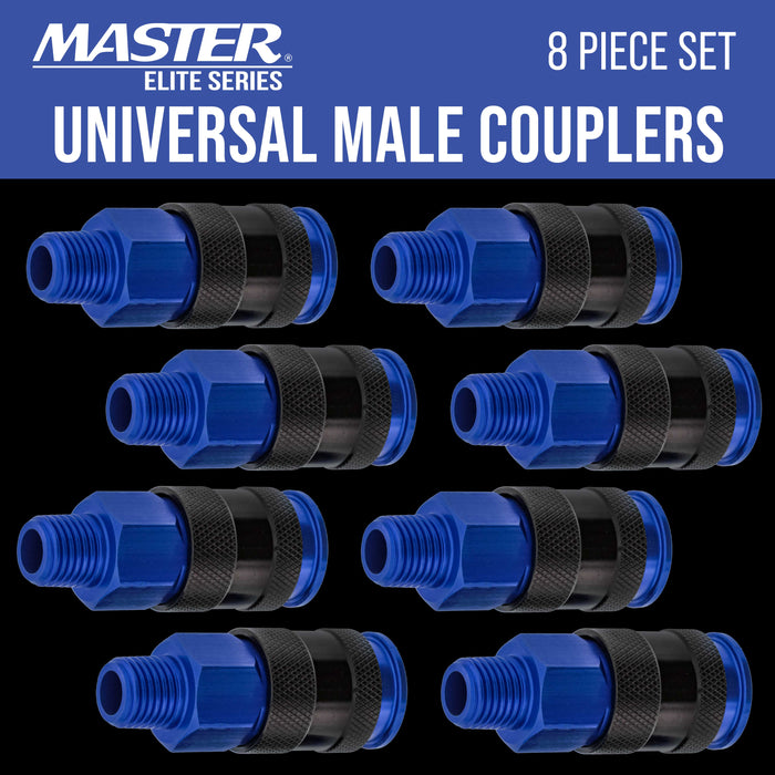 Master Elite Series 8 Piece Universal Air Hose Quick Push Connect Coupler Set with 1/4" NPT Male Threads - Accepts 3 Common Plugs Types, I/M Industrial, T Auto, A ARO