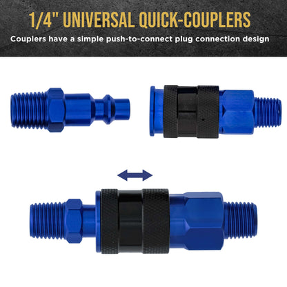 Series 8 Piece Universal Air Hose Quick Push Connect Coupler Set with 1/4" NPT Male Threads - Accepts 3 Common Plugs Types, I/M Industrial, T Auto, A ARO