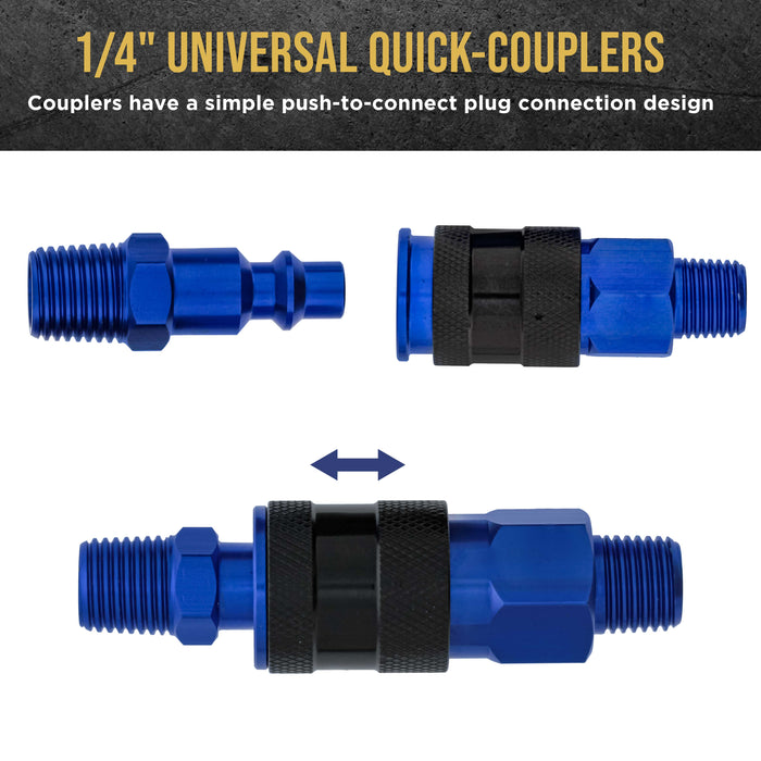 Master Elite Series 8 Piece Universal Air Hose Quick Push Connect Coupler Set with 1/4" NPT Male Threads - Accepts 3 Common Plugs Types, I/M Industrial, T Auto, A ARO