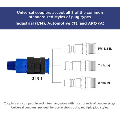 Series 8 Piece Universal Air Hose Quick Push Connect Coupler Set with 1/4" NPT Male Threads - Accepts 3 Common Plugs Types, I/M Industrial, T Auto, A ARO