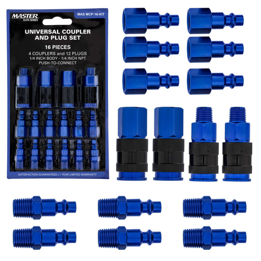 Master Elite Series 16 Piece Air Hose Fittings Set Kit - 4 Universal Air Couplers & 12 I/M Industrial Type Plugs, 1/4" NPT Male & Female Threads