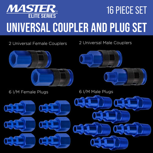 Master Elite Series 16 Piece Air Hose Fittings Set Kit - 4 Universal Air Couplers & 12 I/M Industrial Type Plugs, 1/4" NPT Male & Female Threads