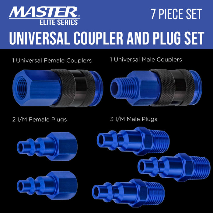 Master Elite Series 7 Piece Air Hose Fittings Set Kit - 2 Universal Air Couplers & 5 I/M Industrial Type Plugs, 1/4" NPT Male & Female Threads