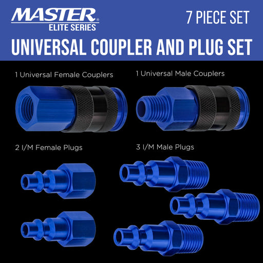 Master Elite Series 7 Piece Air Hose Fittings Set Kit - 2 Universal Air Couplers & 5 I/M Industrial Type Plugs, 1/4" NPT Male & Female Threads