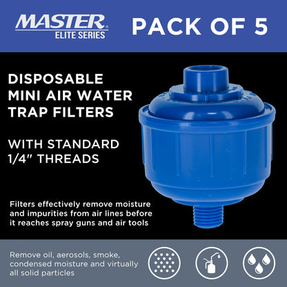 Pack of 5 Disposable Mini Air Water Trap Filters with Standard 1/4" Threads - Removes Moisture Before it Reaches Spray Guns & Air Tools