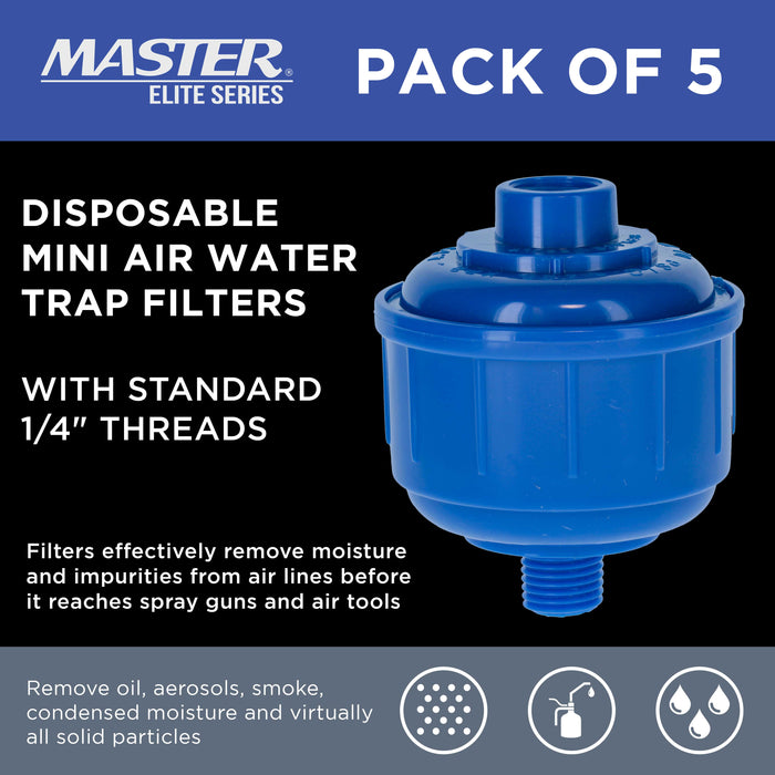 Master Elite Pack of 5 Disposable Mini Air Water Trap Filters with Standard 1/4" Threads - Removes Moisture Before it Reaches Spray Guns & Air Tools