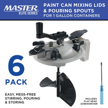 Paint Can Mixing Lid & Pouring Spout, 1 Gallon Size, Pack of 6 - Mix Blade for Easy, Mess-Free Stirring, Pouring Storing - Pistol Grip Handle