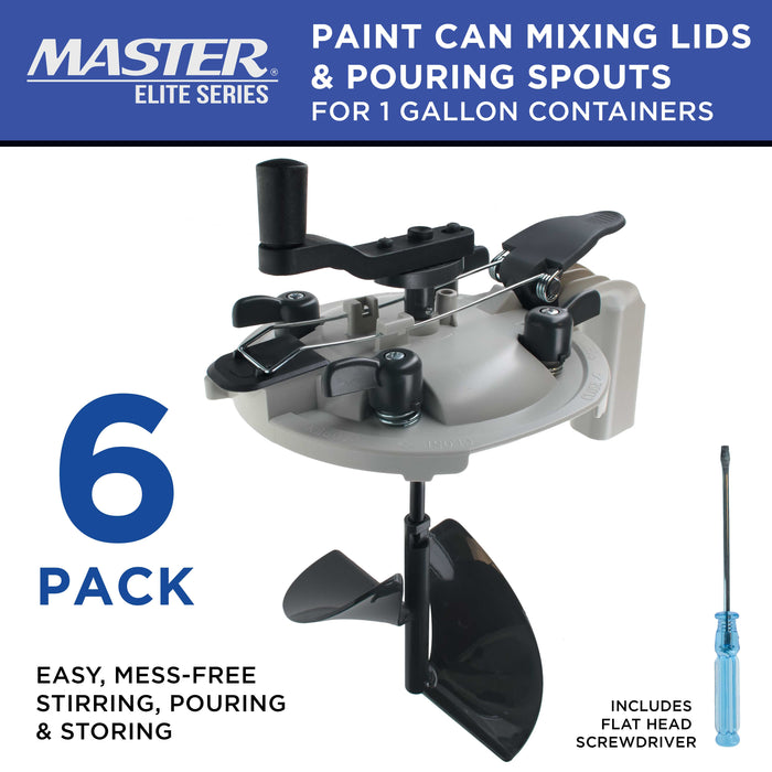 Master Elite Paint Can Mixing Lid & Pouring Spout, 1 Gallon Size, Pack of 6 - Mix Blade for Easy, Mess-Free Stirring, Pouring Storing - Pistol Grip Handle