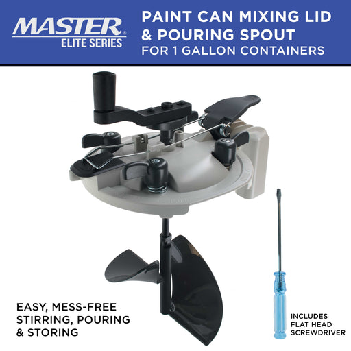 Master Elite Paint Can Mixing Lid & Pouring Spout, 1 Gallon Size - Mix Blade for Easy, Mess-Free Stirring, Pouring, Storing - Pistol Grip Handle