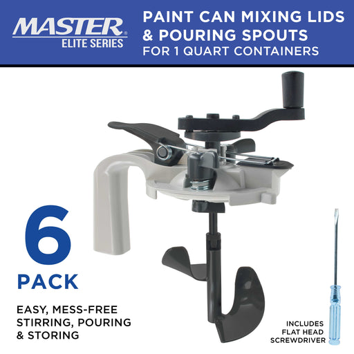 Master Elite Paint Can Mixing Lid & Pouring Spout, 1 Quart Size, Pack of 6 - Mix Blade for Easy, Mess-Free Stirring, Pouring Storing - Pistol Grip Handle