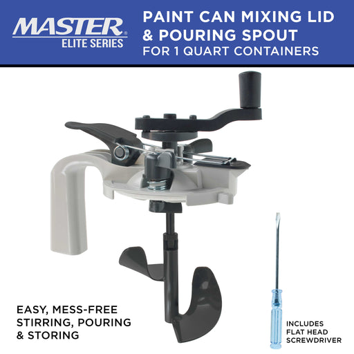 Master Elite Paint Can Mixing Lid & Pouring Spout, 1 Quart Size - Mix Blade for Easy, Mess-Free Stirring, Pouring, Storing - Pistol Grip Handle