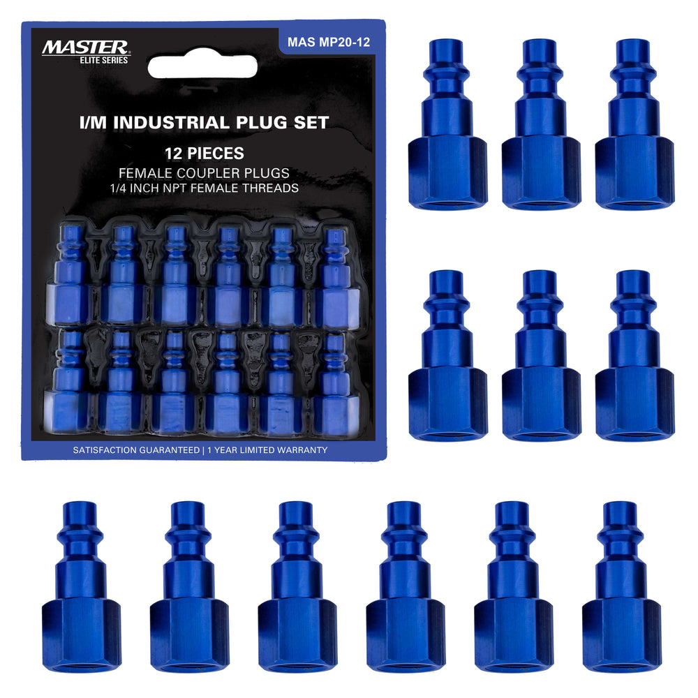 Master Elite Series 12 Piece Industrial I / M Type Plug Fittings Set with 1/4" NPT Female Threads - Attach to Quick-Connect Couplers, Air Hoses, Compressors, Pneumatic Air Tools, Spray Guns, Sanders