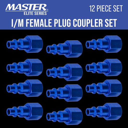 Master Elite Series 12 Piece Industrial I / M Type Plug Fittings Set with 1/4" NPT Female Threads - Attach to Quick-Connect Couplers, Air Hoses, Compressors, Pneumatic Air Tools, Spray Guns, Sanders