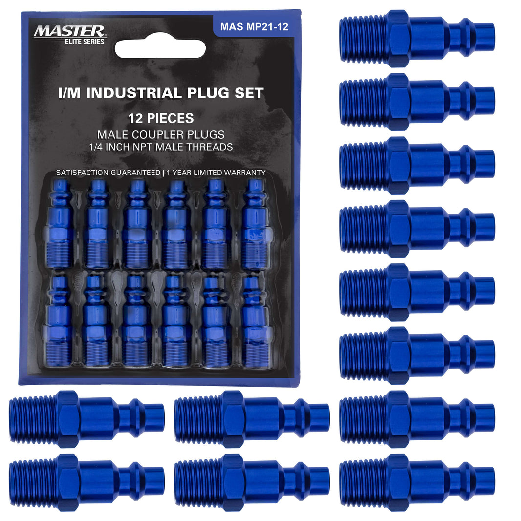 Series 12 Piece Industrial I / M Type Plug Air Fittings Set with 1/4" NPT Male Threads - Attach to Quick-Connect Couplers, Hoses, Compressors, Pneumatic Air Tools, Spray Guns, Sanders