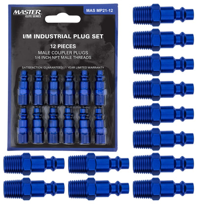 Series 12 Piece Industrial I / M Type Plug Air Fittings Set with 1/4" NPT Male Threads - Attach to Quick-Connect Couplers, Hoses, Compressors, Pneumatic Air Tools, Spray Guns, Sanders