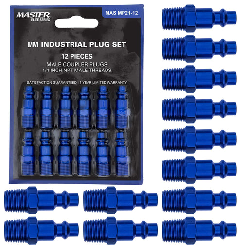 Master Elite Series 12 Piece Industrial I / M Type Plug Air Fittings Set with 1/4" NPT Male Threads - Attach to Quick-Connect Couplers, Hoses, Compressors, Pneumatic Air Tools, Spray Guns, Sanders