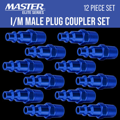 Series 12 Piece Industrial I / M Type Plug Air Fittings Set with 1/4" NPT Male Threads - Attach to Quick-Connect Couplers, Hoses, Compressors, Pneumatic Air Tools, Spray Guns, Sanders