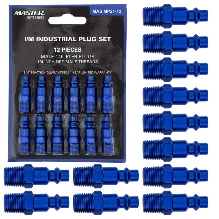 Master Elite Series 12 Piece Industrial I / M Type Plug Air Fittings Set with 1/4" NPT Male Threads - Attach to Quick-Connect Couplers, Hoses, Compressors, Pneumatic Air Tools, Spray Guns, Sanders