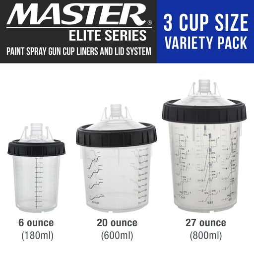 3 Cup Size 6 oz, 20 oz, 27 oz Variety Pack Set, Master Paint System MPS Disposable Paint Spray Gun Cup Liners and Lid System, 6 Pack Kit of Each Size