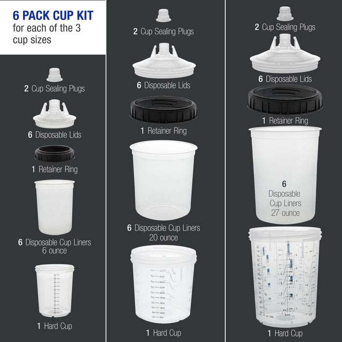 3 Cup Size 6 oz, 20 oz, 27 oz Variety Pack Set, Master Paint System MPS Disposable Paint Spray Gun Cup Liners and Lid System, 6 Pack Kit of Each Size