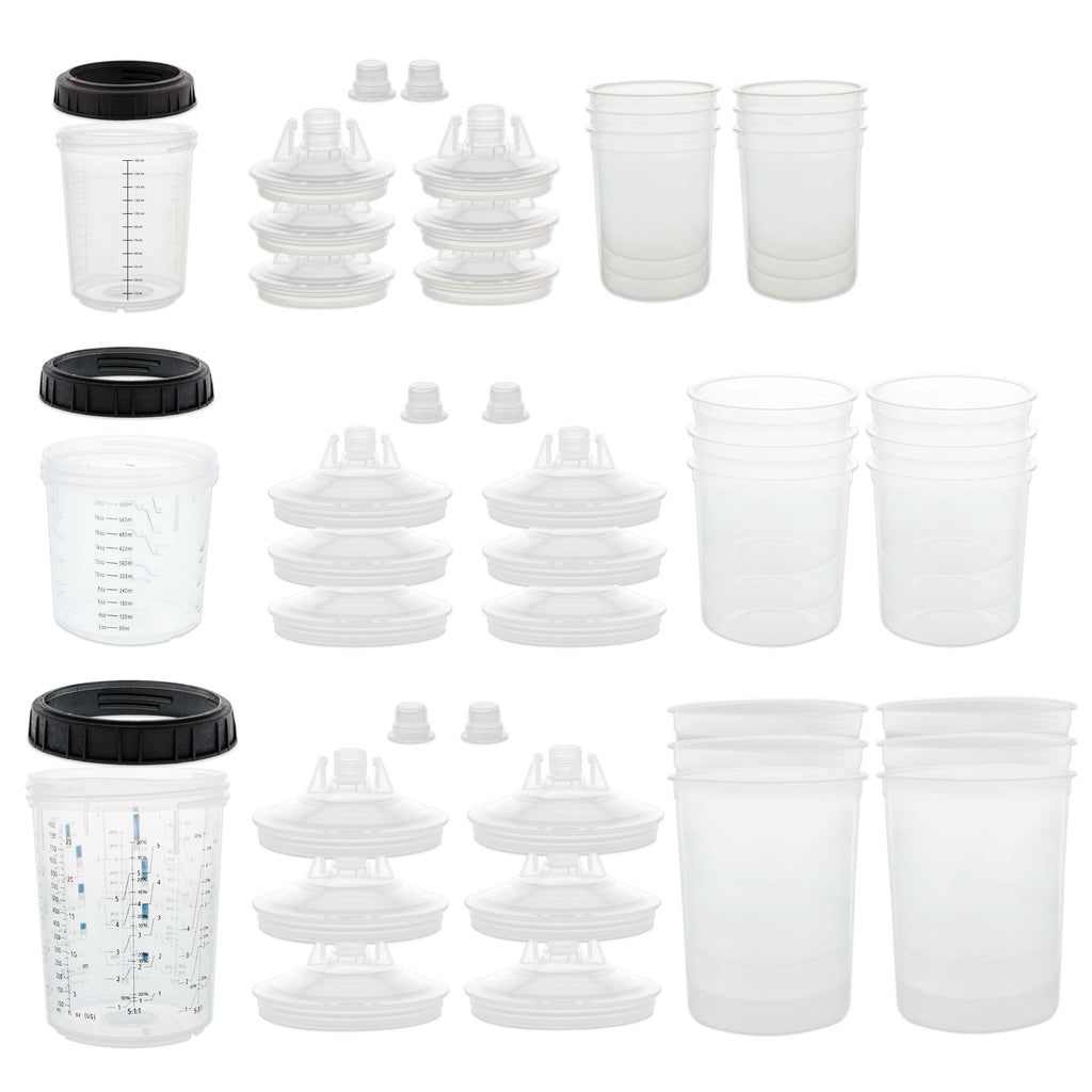 3 Cup Size 6 oz, 20 oz, 27 oz Variety Pack Set, Master Paint System MPS  Disposable Paint Spray Gun Cup Liners and Lid System, 6 Pack Kit of Each  Size