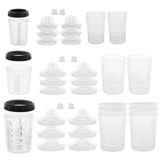 3 Cup Size 6 oz, 20 oz, 27 oz Variety Pack Set, Master Paint System MPS Disposable Paint Spray Gun Cup Liners and Lid System, 6 Pack Kit of Each Size