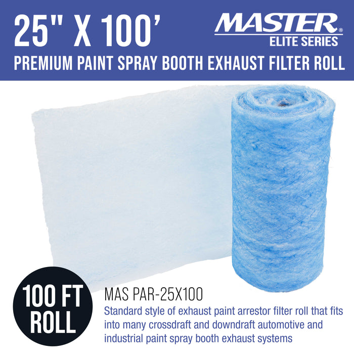 Master Elite Premium Paint Spray Booth Exhaust Filter Roll, 25" x 100' - 18 Gram Fiberglass Paint Arrestor - Traps Overspray Paint Particles, Auto