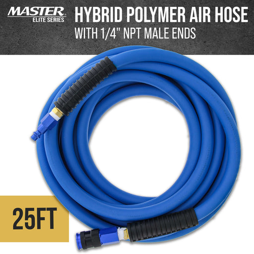 Master Elite Series 25-Foot Hybrid Polymer Air Hose with 1/4" NPT Male Ends, 3/8" ID - Universal Aluminum Quick Coupler & Plug - Light Strong Flexible