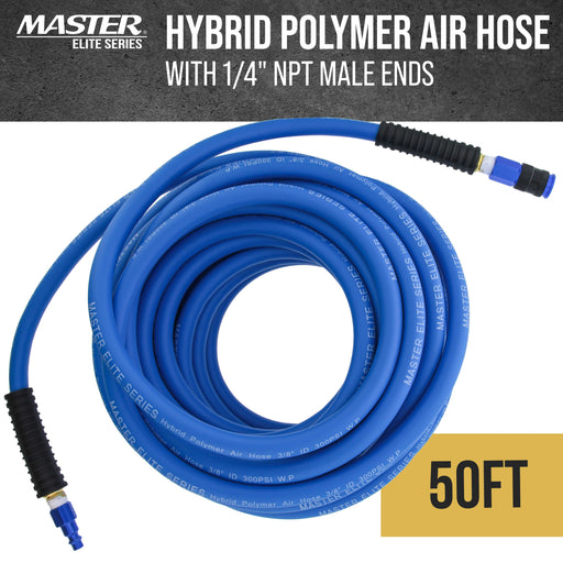 Master Elite Series 50-Foot Hybrid Polymer Air Hose with 1/4" NPT Male Ends, 3/8" ID - Universal Aluminum Quick Coupler & Plug - Light Strong Flexible