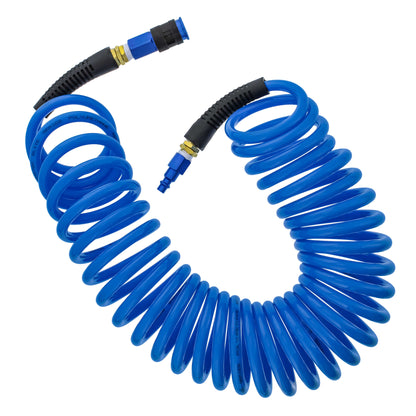 Series 1/4" x 25' Polyurethane Recoil Air Hose with Bend Restrictors and 1/4" NPT Male Fitting Ends, Universal Aluminum Coupler, I/M Plug