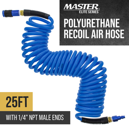 Series 1/4" x 25' Polyurethane Recoil Air Hose with Bend Restrictors and 1/4" NPT Male Fitting Ends, Universal Aluminum Coupler, I/M Plug